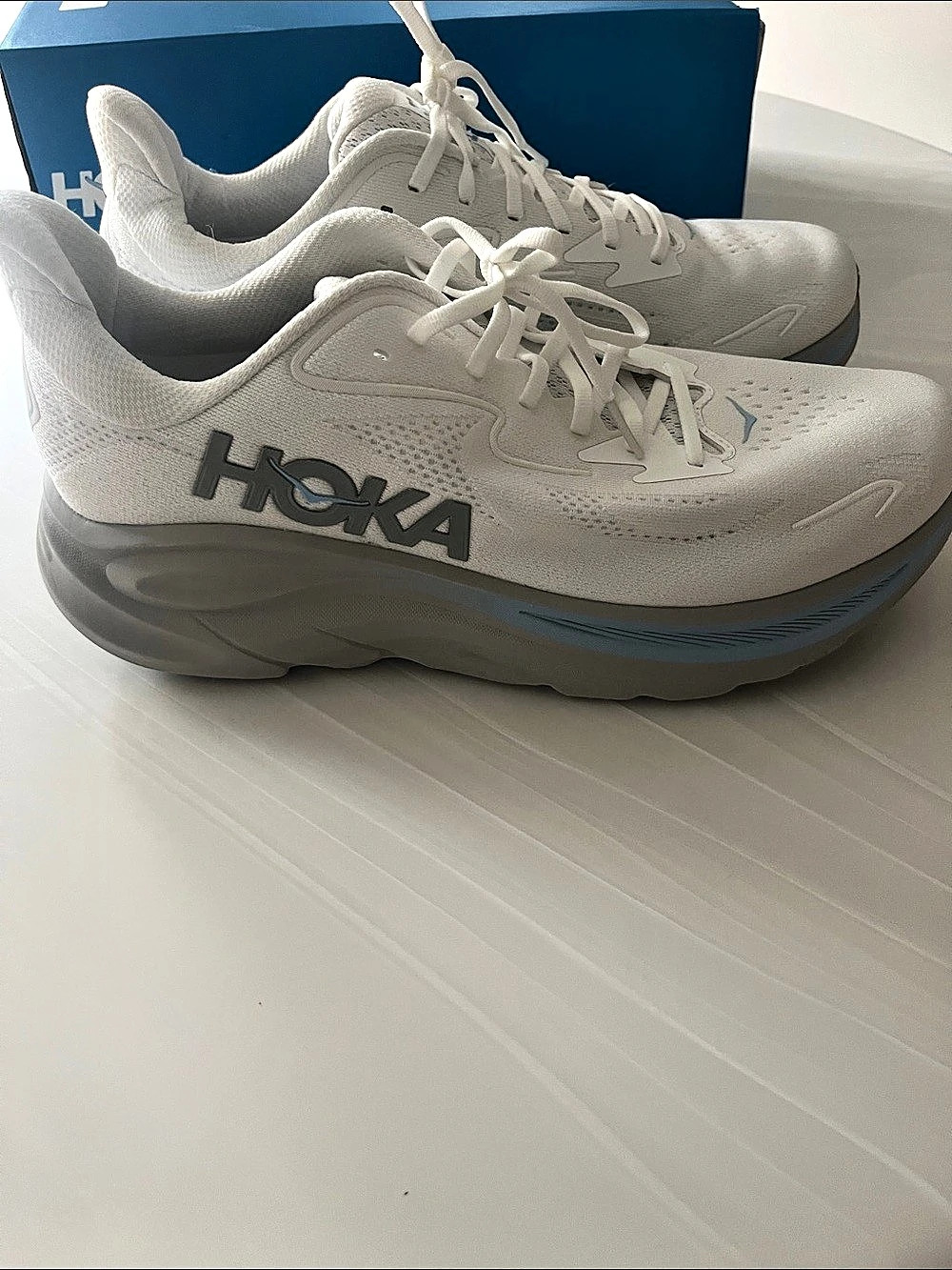 HOKA Clifton 10 Athletic Shoes in White & Blue US 12 D